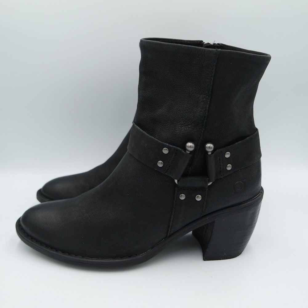 Born Dakota Black Leather Studded Harness Boots Side Zip Womens Size 9M Motocore